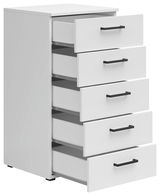 Weiße Kommode mit fünf offenen Schubladen, seitliche Perspektive