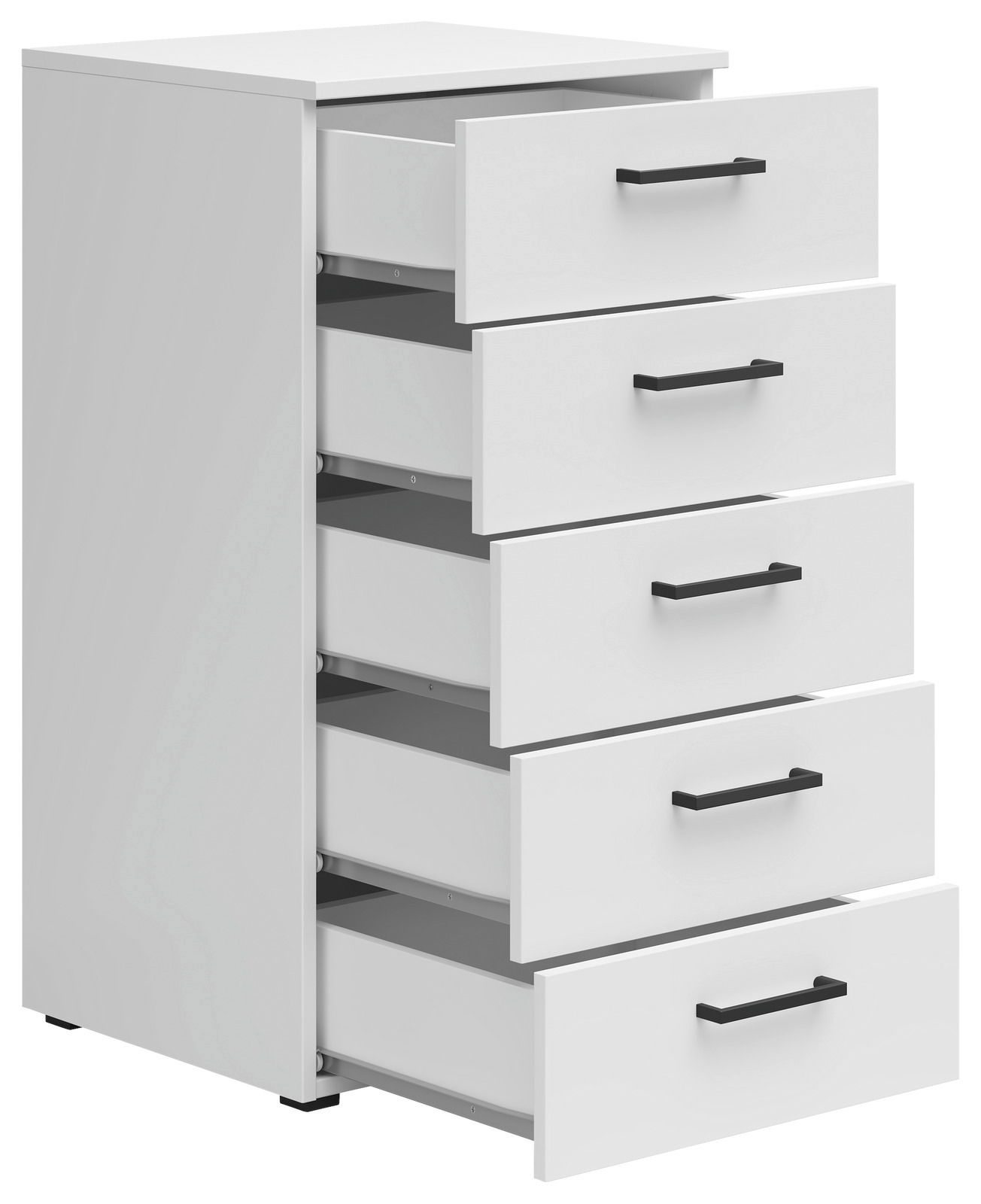 Weiße Kommode mit fünf offenen Schubladen, seitliche Perspektive