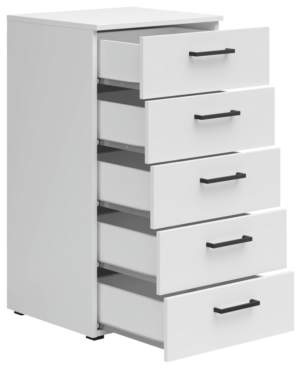 Weiße Kommode mit fünf offenen Schubladen, seitliche Perspektive