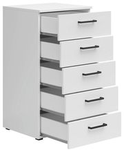 Weiße Kommode mit fünf offenen Schubladen, seitliche Perspektive