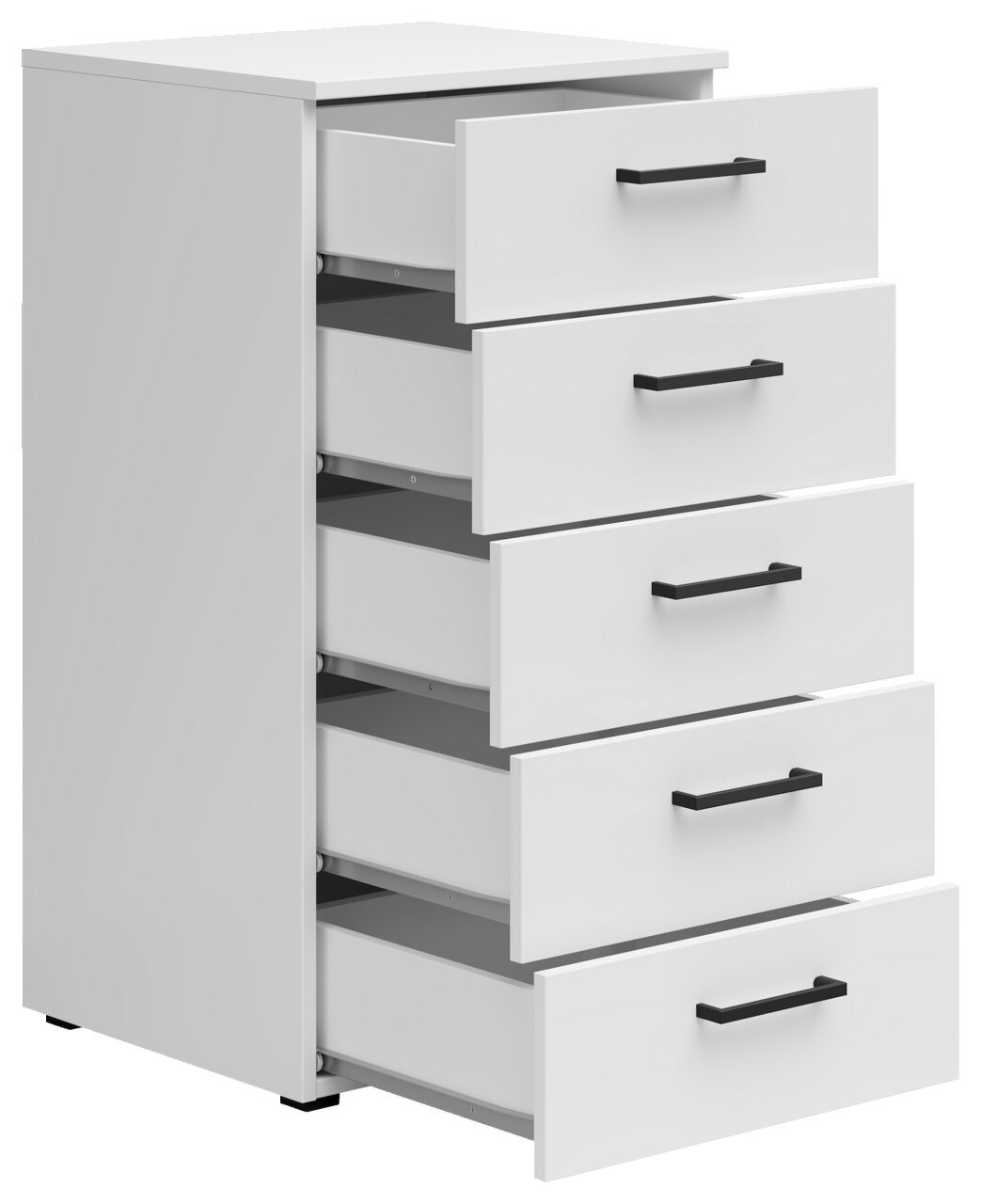 Weiße Kommode mit fünf offenen Schubladen, seitliche Perspektive
