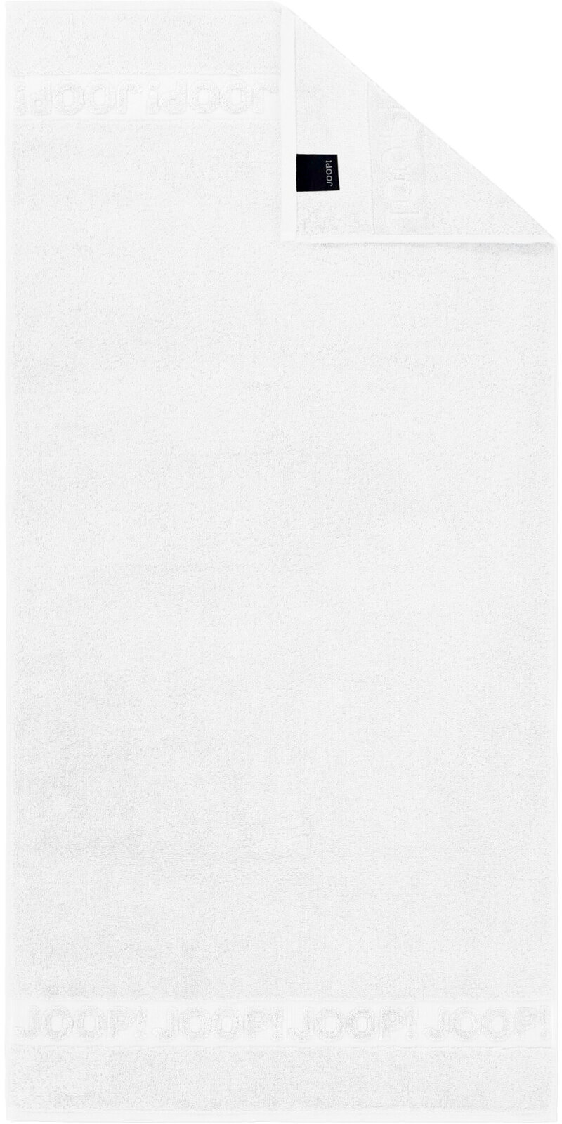 Weißes Joop! Handtuch mit eingewebtem Logo-Bordürenstreifen und schwarzem Markenlabel, frontal von oben fotografiert, eine Ecke umgeschlagen