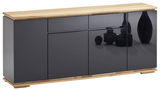 XL-Sideboard in moderner Perspektive, mit schwarzer Hochglanzfront und Holzoberfläche