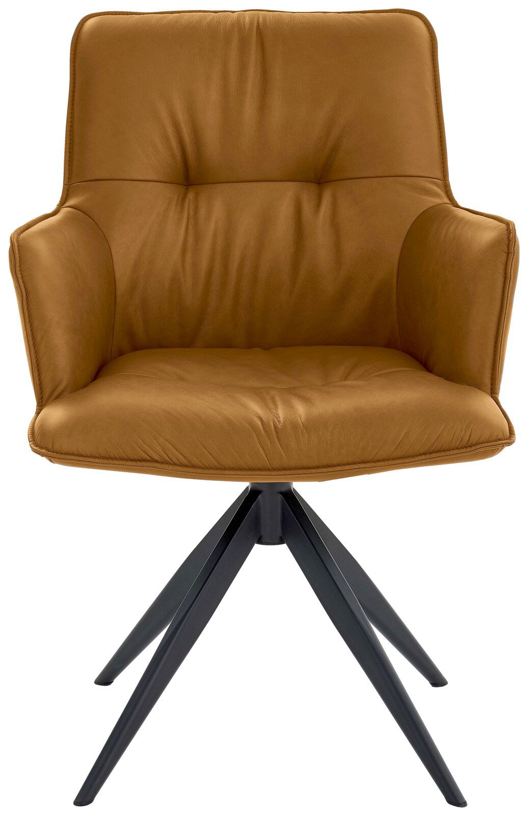 Brauner Design-Schalensessel mit schwarzem Metallgestell, Frontalansicht