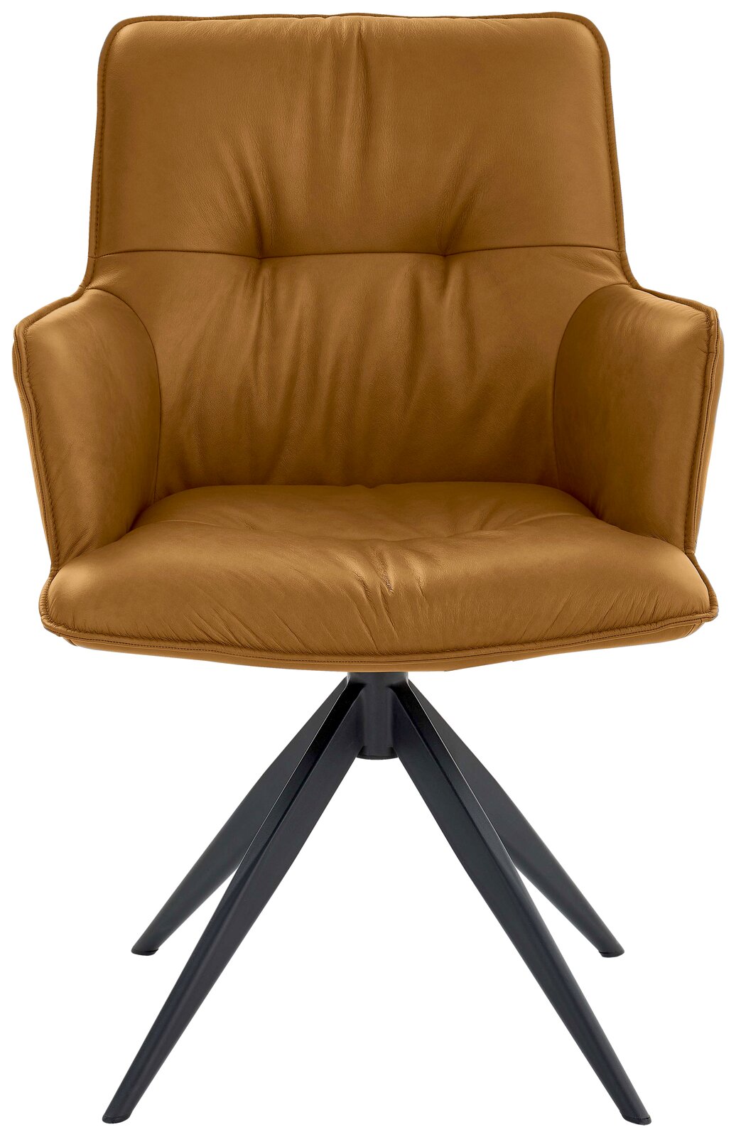 Brauner Design-Schalensessel mit schwarzem Metallgestell, Frontalansicht