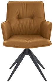 Brauner Design-Schalensessel mit schwarzem Metallgestell, Frontalansicht