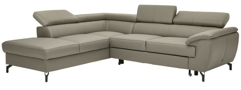 Eckgarnitur in hellgrauem Leder, perspektivisch von vorne links fotografiert