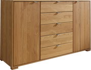 Schubkastenkommode aus Holz mit fünf Schubladen und zwei Türen, seitliche Perspektive