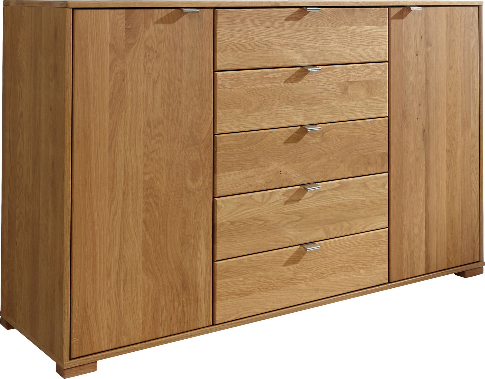 Schubkastenkommode aus Holz mit fünf Schubladen und zwei Türen, seitliche Perspektive