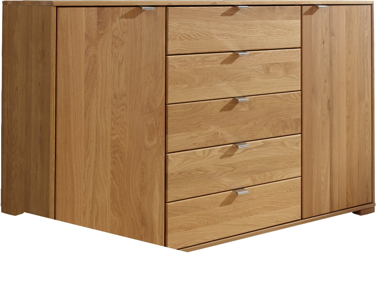 Schubkastenkommode aus Holz mit fünf Schubladen und zwei Türen, seitliche Perspektive