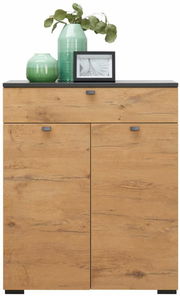 Schuhschrank aus Holz mit zwei Türen und zwei Schubladen, dekoriert mit grünen Vasen und einem Bilderrahmen, Frontalansicht