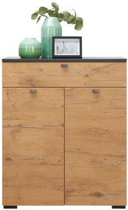 Schuhschrank aus Holz mit zwei Türen und zwei Schubladen, dekoriert mit grünen Vasen und einem Bilderrahmen, Frontalansicht