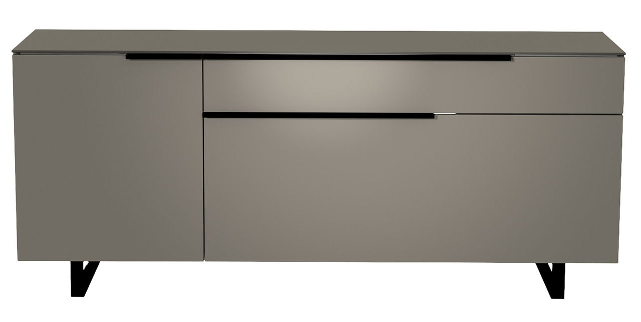 Frontansicht des Moderano TV-Lowboards Serie BORMIO in modernem Design mit glatten Oberflächen und schwarzen Beinen.