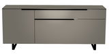 Frontansicht des Moderano TV-Lowboards Serie BORMIO in modernem Design mit glatten Oberflächen und schwarzen Beinen.