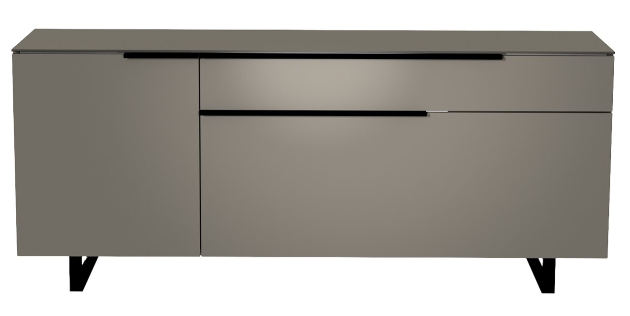 Frontansicht des Moderano TV-Lowboards Serie BORMIO in modernem Design mit glatten Oberflächen und schwarzen Beinen.