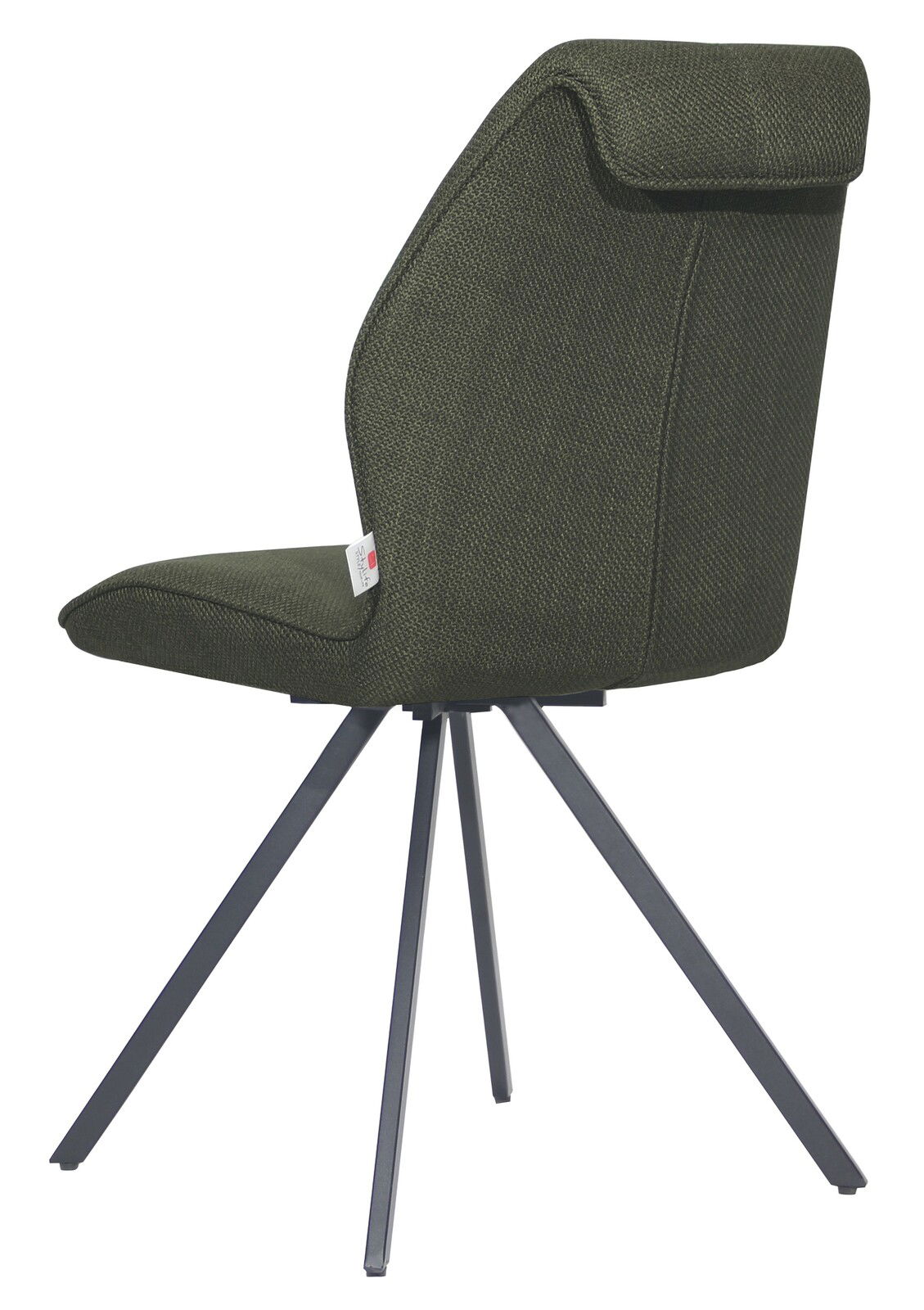 Moderner Stuhl mit dunkelgrünem Stoffbezug und schwarzem Metallgestell, Seitenansicht.