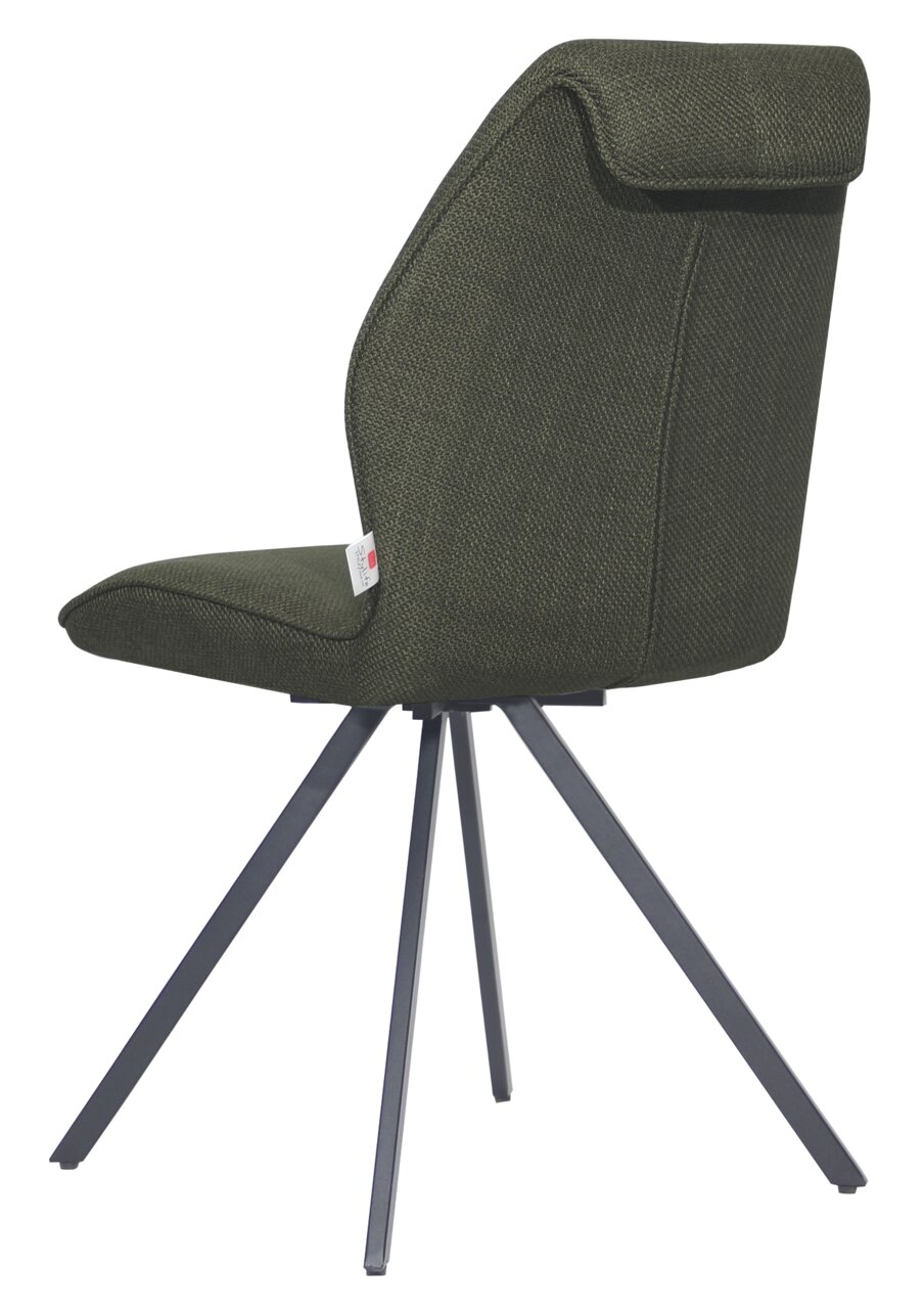 Moderner Stuhl mit dunkelgrünem Stoffbezug und schwarzem Metallgestell, Seitenansicht.