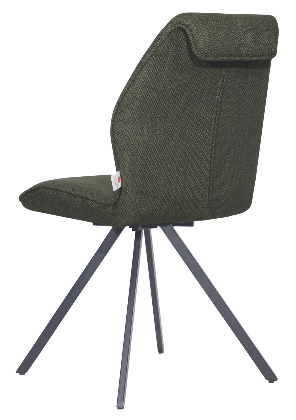 Moderne stoel met donkergroene stoffen bekleding en een zwart metalen frame, gezien vanaf de zijkant.