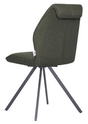 Moderne stoel met donkergroene stoffen bekleding en een zwart metalen frame, gezien vanaf de zijkant.