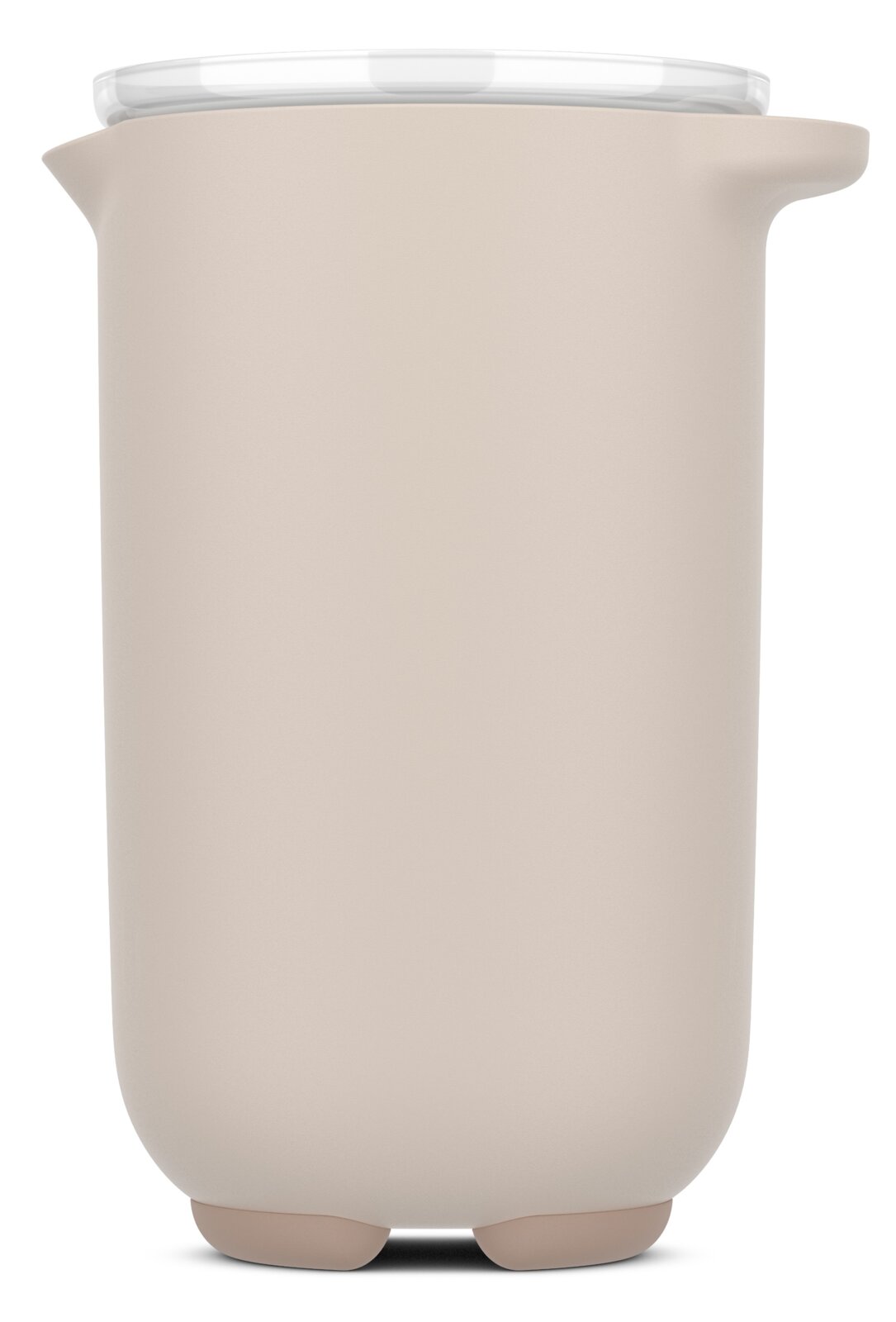 Beiger Rührbecher mit Deckel, seitliche Perspektive