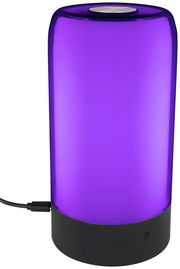LED-Tischleuchte Mare in zylindrischer Form mit violettem Licht, seitliche Perspektive
