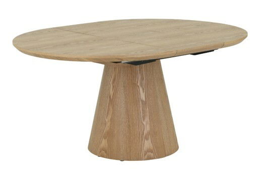 Runder Esstisch aus Holz mit konischem Sockel, seitliche Perspektive