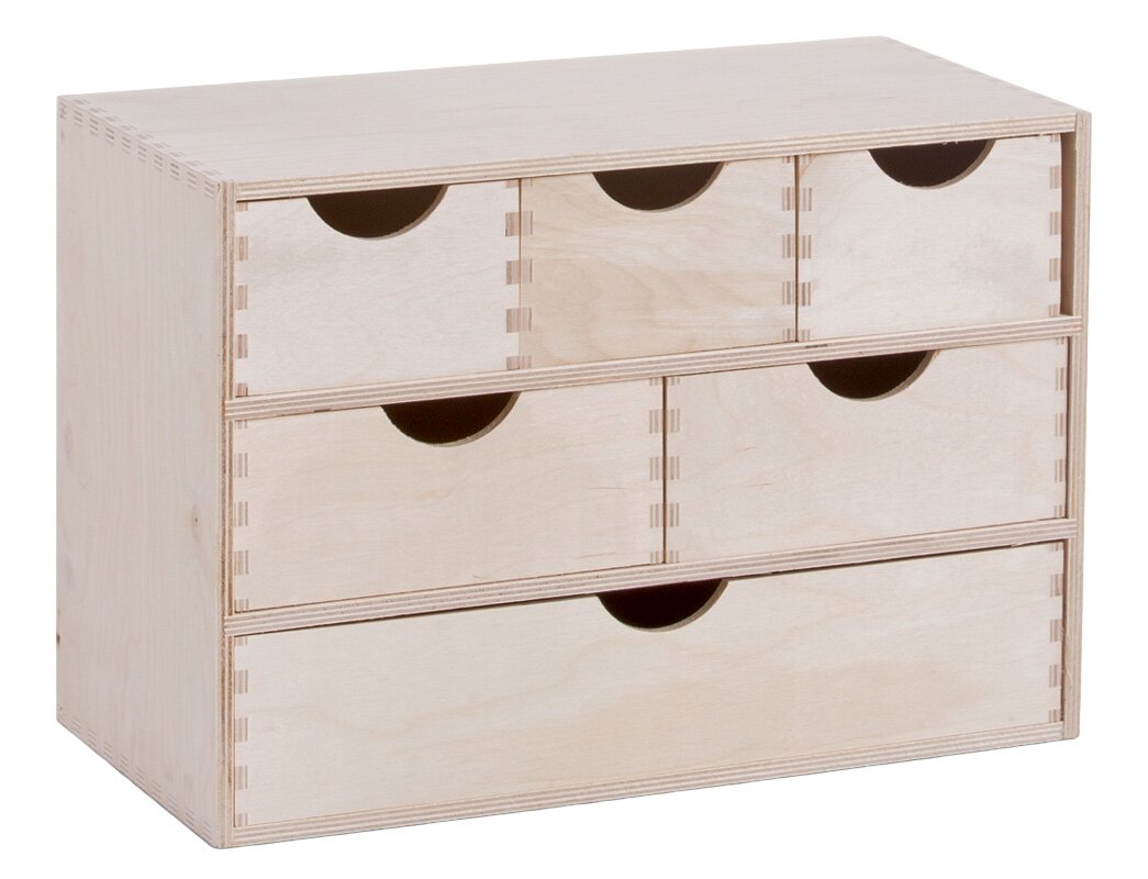 Holz-Schubladenelement mit sechs Fächern, perspektivisch von vorne links fotografiert.
