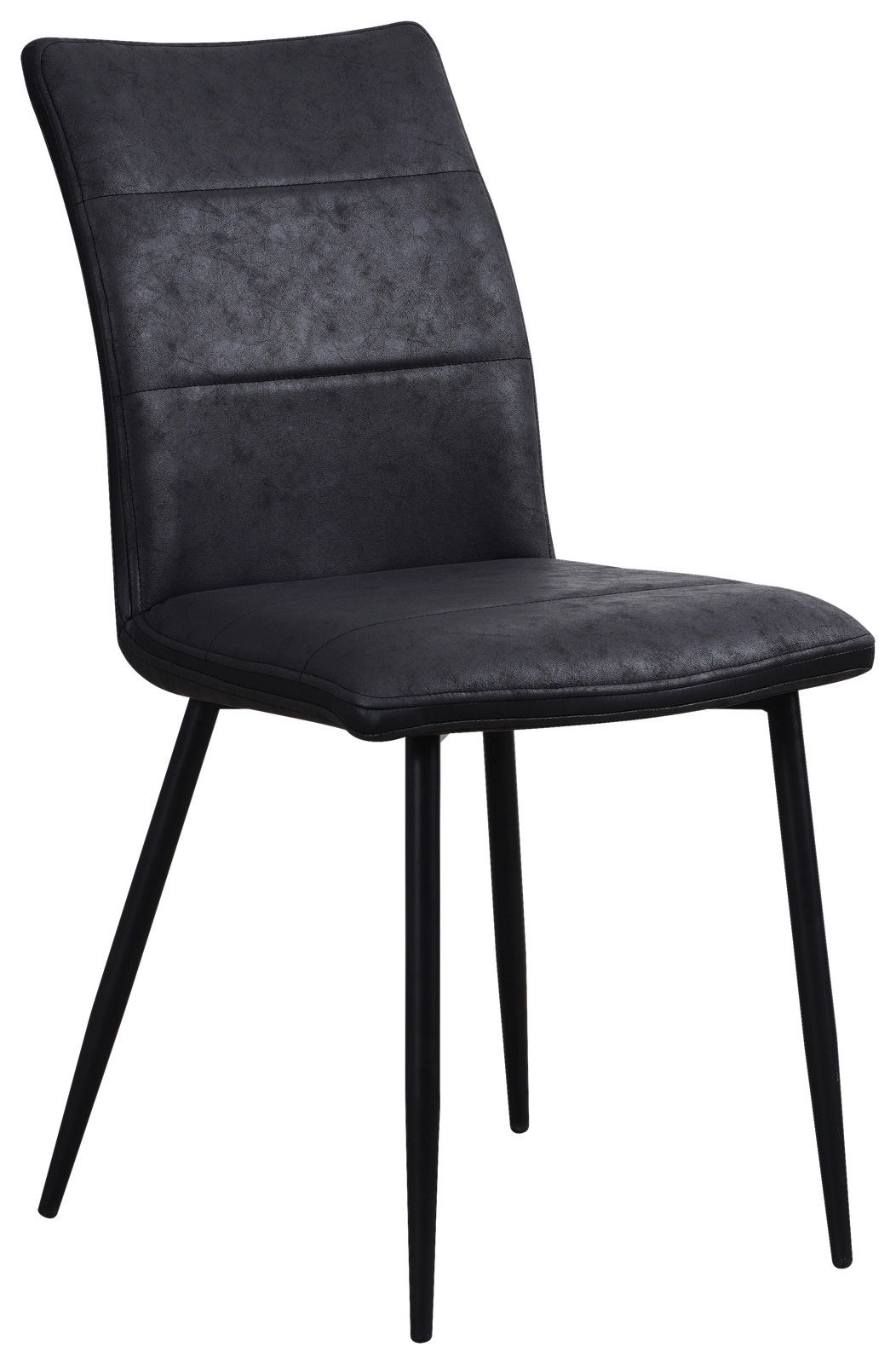 Moderner schwarzer Stuhl mit gepolsterter Rückenlehne und Sitzfläche, seitliche Perspektive