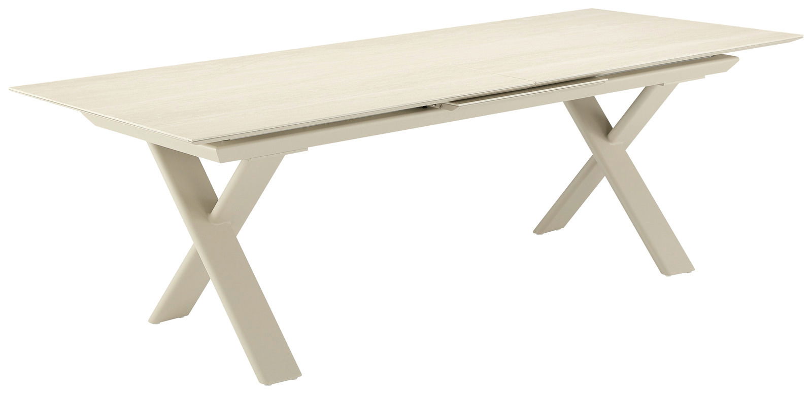 Moderner Garten Ausziehtisch in heller Holzoptik, seitliche Perspektive