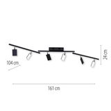 Moderne Deckenleuchte PURE-MIRA in schwarzem Design mit sechs verstellbaren Leuchtköpfen, seitliche Perspektive.