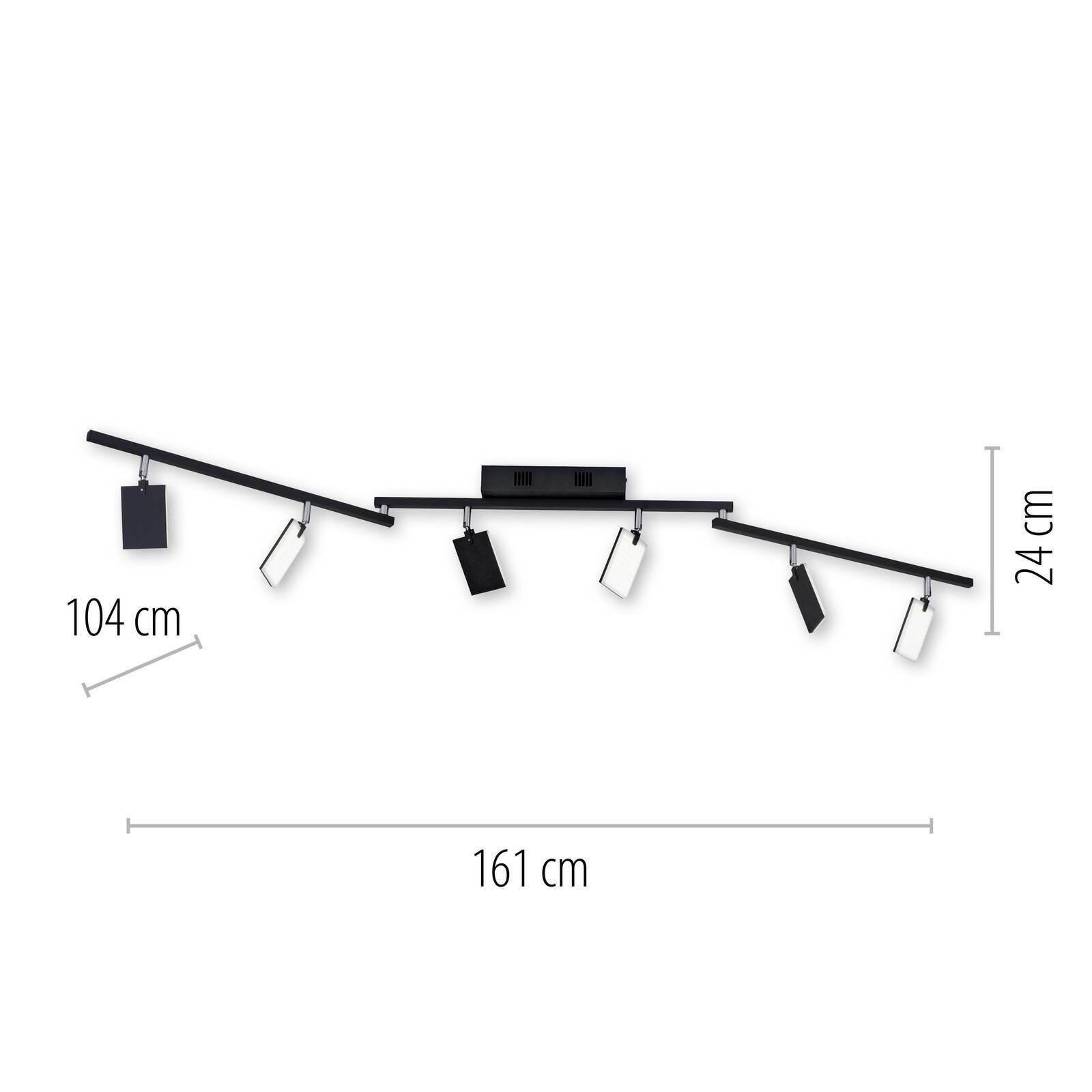 Moderne Deckenleuchte PURE-MIRA in schwarzem Design mit sechs verstellbaren Leuchtköpfen, seitliche Perspektive.