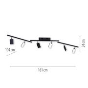 Moderne Deckenleuchte PURE-MIRA in schwarzem Design mit sechs verstellbaren Leuchtköpfen, seitliche Perspektive.