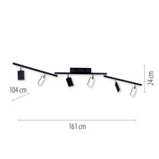 Moderne Deckenleuchte PURE-MIRA in schwarzem Design mit sechs verstellbaren Leuchtköpfen, seitliche Perspektive.