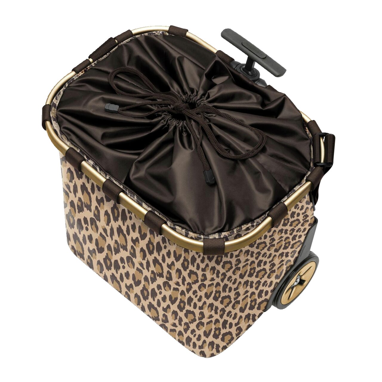 Reisenthel Carrybag Frame Leo Macchiato Leopardenmuster-Einkaufswagen mit schwarzem Kordelzugverschluss, seitliche Perspektive