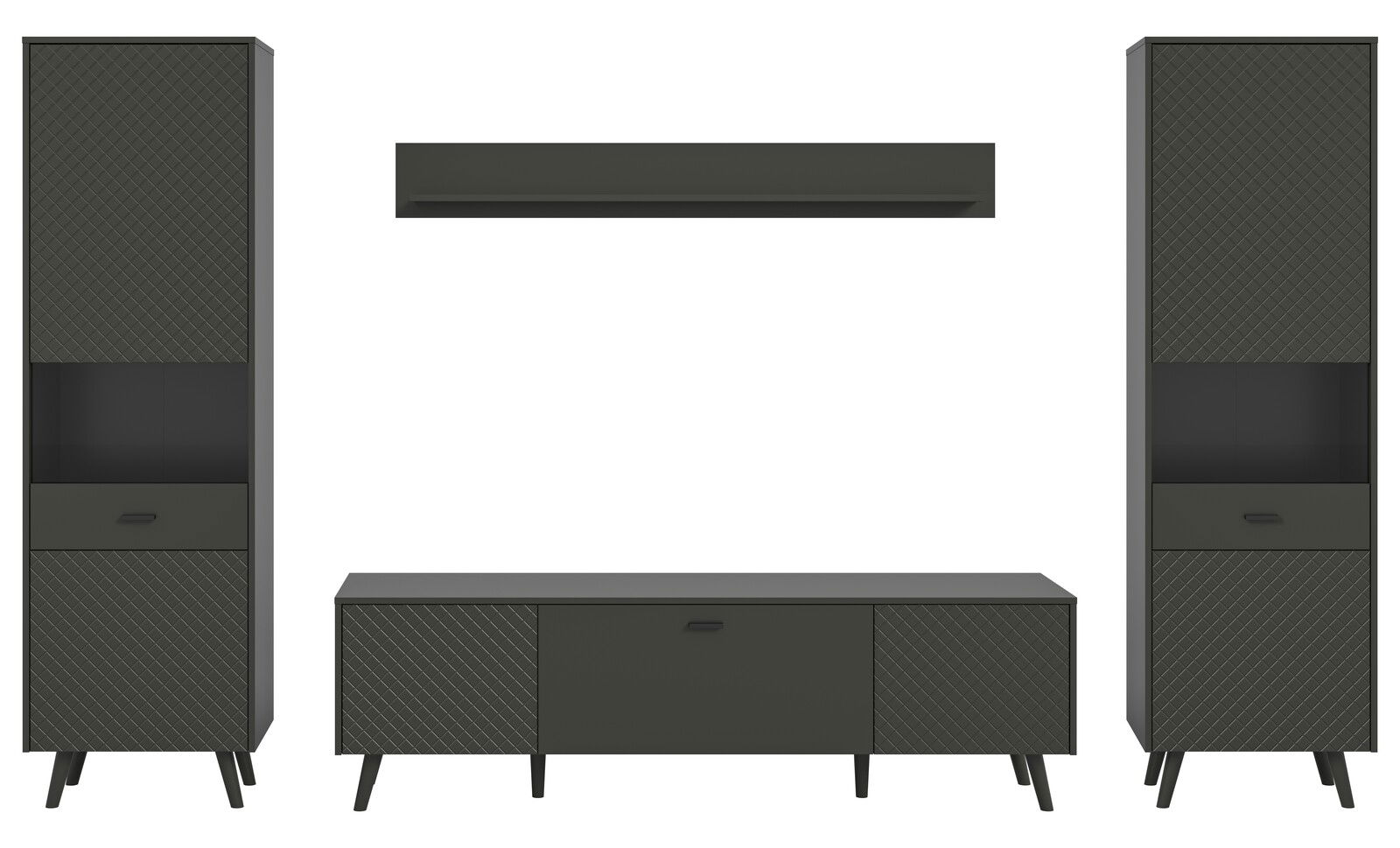 Wohnkombination in dunklem Design mit zwei hohen Schränken, einem TV-Board und einem Wandregal, frontal betrachtet.