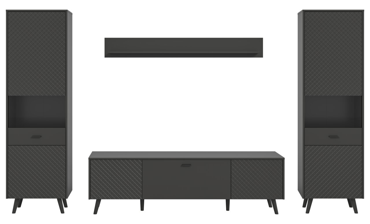 Wohnkombination in dunklem Design mit zwei hohen Schränken, einem TV-Board und einem Wandregal, frontal betrachtet.