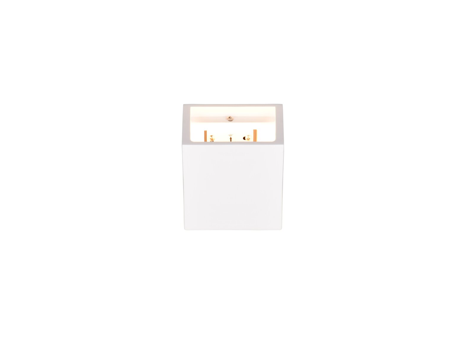 Weiße rechteckige Wandleuchte/Wandlampe mit offenem oberen Lichtaustritt und sichtbaren goldfarbenen Kontakten, frontale Ansicht