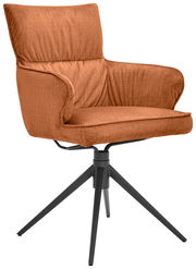 Moderner Armlehnstuhl in warmem Orange mit schwarzem Metallgestell, seitliche Perspektive