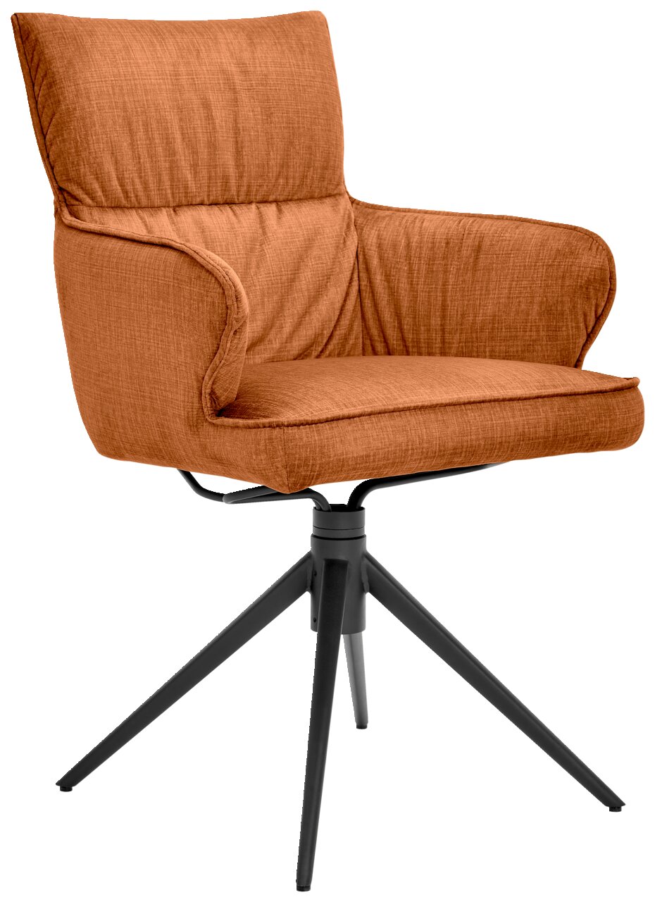 Moderner Armlehnstuhl in warmem Orange mit schwarzem Metallgestell, seitliche Perspektive