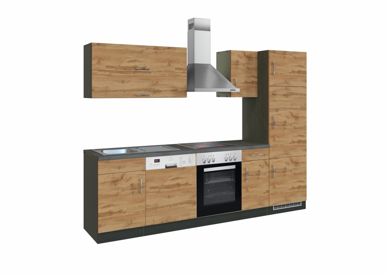 Moderne keukenblok in houtlook met fornuis, spoelbak en afzuigkap, zijaanzicht