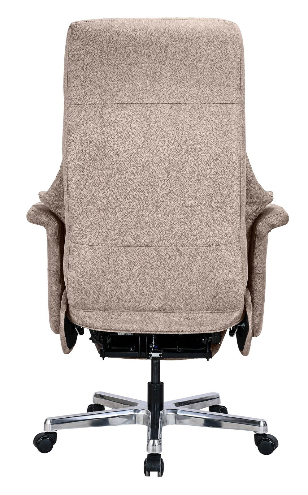 Rückansicht eines beigen Chefsessels mit verstellbarer Rückenlehne und stabiler Metallbasis auf Rollen.