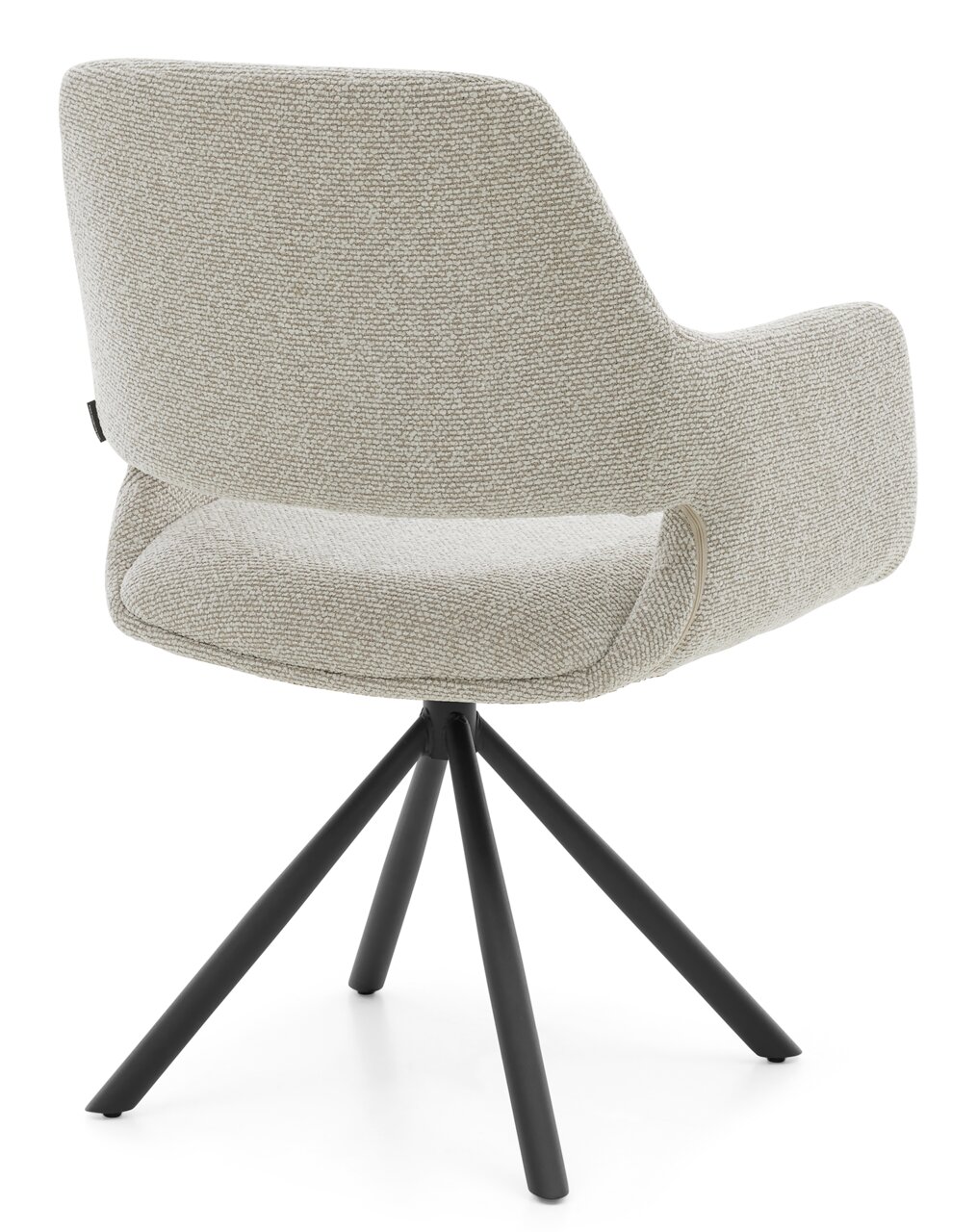 Rückansicht eines modernen Armlehnstuhls mit hellgrauem Stoffbezug und schwarzem Metallgestell.