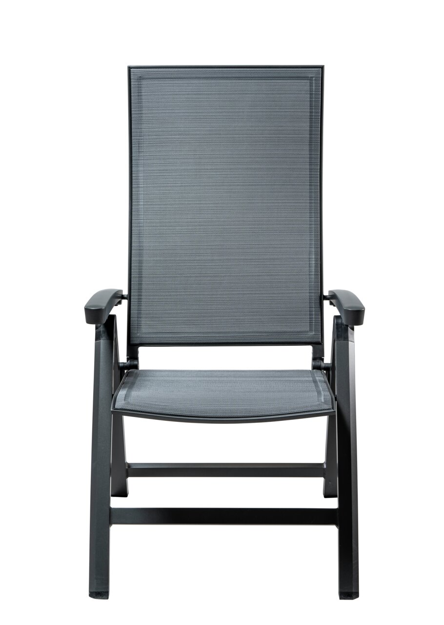 Frontansicht eines modernen, grauen Klappsessels mit Armlehnen.