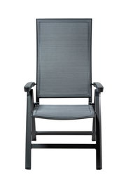 Frontansicht eines modernen, grauen Klappsessels mit Armlehnen.