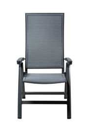 Frontansicht eines modernen, grauen Klappsessels mit Armlehnen.