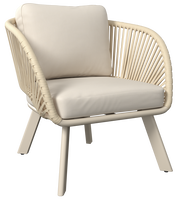 Moderner Loungesessel mit beigem Kissen und geflochtenem Design, seitliche Perspektive