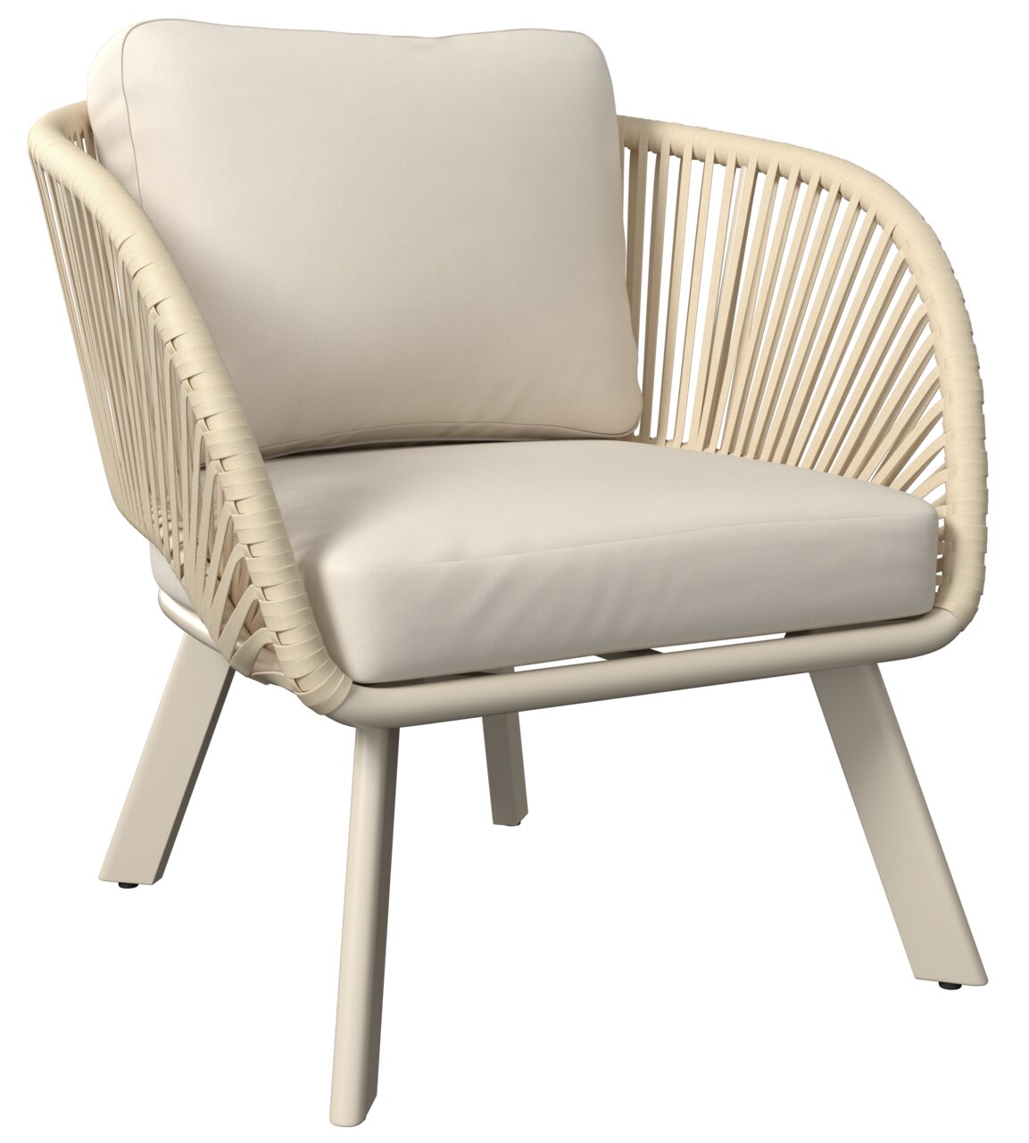 Moderner Loungesessel mit beigem Kissen und geflochtenem Design, seitliche Perspektive