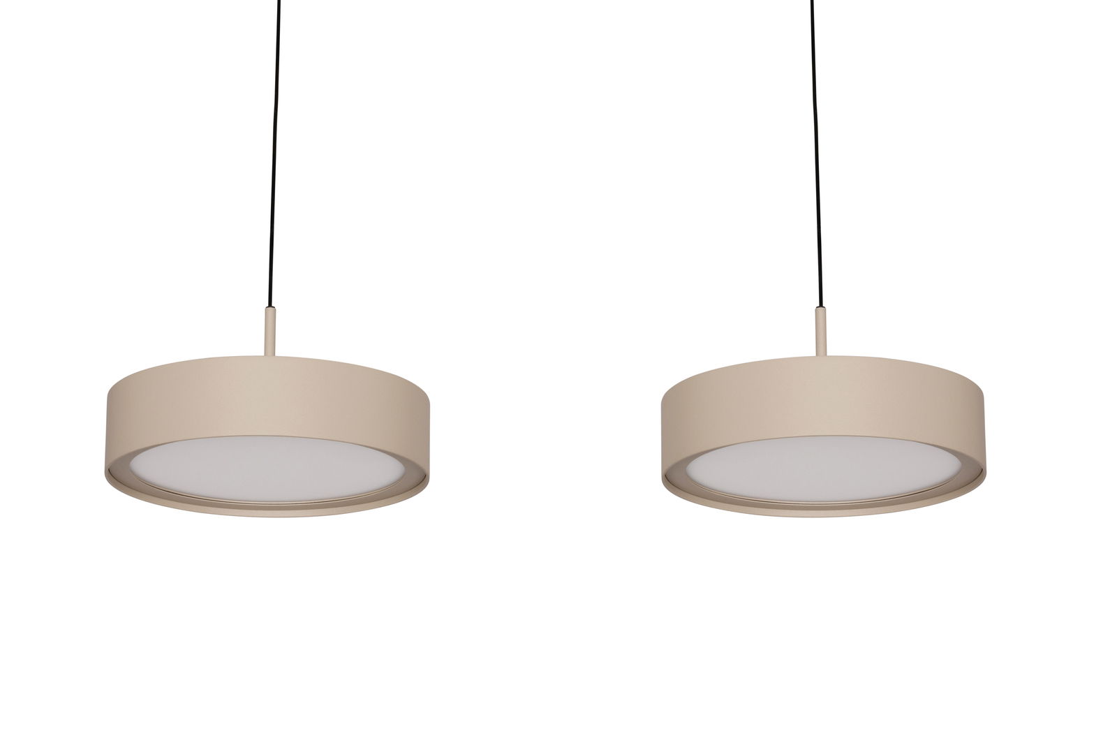 Zwei beige LED-Hängeleuchten in zylindrischer Form, von vorne betrachtet, mit schwarzem Kabel.