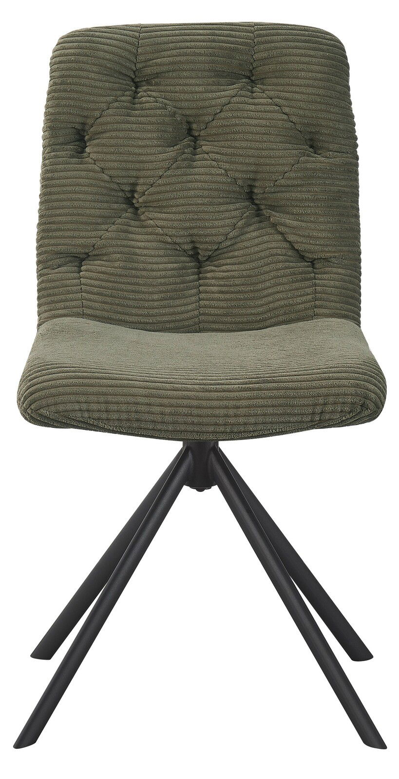 Moderner Stuhl mit grünem, gestepptem Stoffbezug und schwarzen Metallbeinen, Frontalansicht.