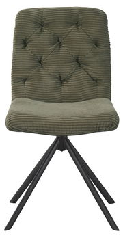 Moderner Stuhl mit grünem, gestepptem Stoffbezug und schwarzen Metallbeinen, Frontalansicht.